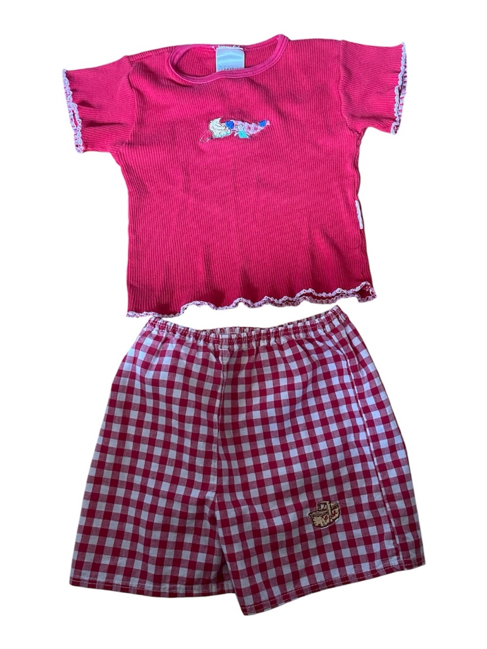 Vintage 90s Disney Toddler Girl Picnic Gingham Short Set Pink & Red Cottagecore
